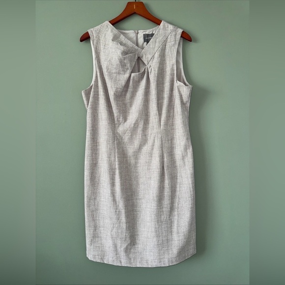August 1 Eight Gray / Tan Sleeveless Lined Sheath Dress Twist at Neck Career L - Picture 2 of 11